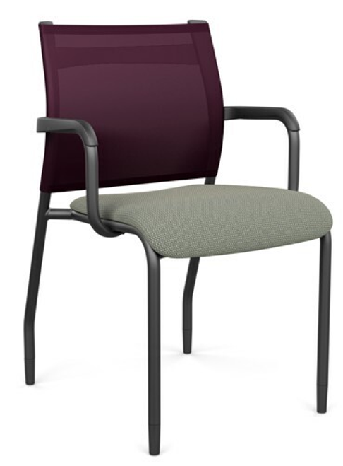 SitOnIt Wit Mesh Back Guest with Grape Mesh and Highland Mist seat upholstery with black frame and fixed arms