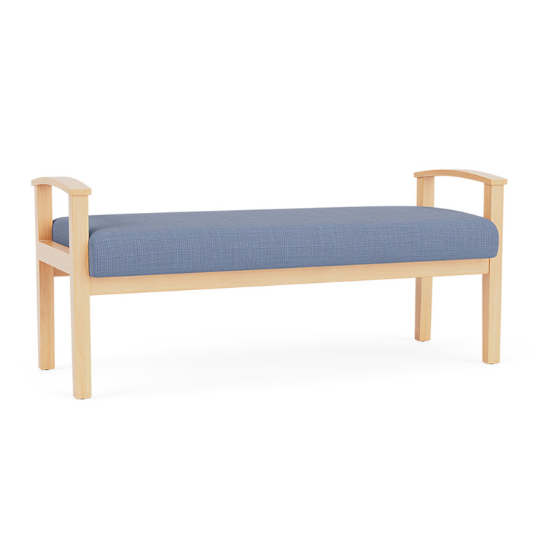 Lesro Amherst Wood Two Seat Bench, Chambray Vinyl Light Navy, Natural Frame Finish, 3/4 Front View