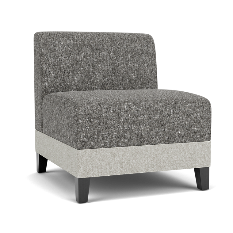 Lesro Fremont Armless Guest Chair, Linette Vinyl Platinum Lower Panel Upholstery, Connelly Owl Seat and Back Upholstery, Black Wood Foot Finish, 3/4 Front View Lesro Fremont Armless Guest Chair, Linette Vinyl Platinum Lower Panel Upholstery, Connelly Owl Seat and Back Upholstery, Black Wood Foot Finish, 3/4 Front View