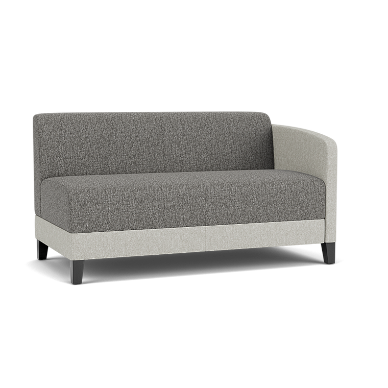 Lesro Fremont Left Handed Loveseat, Linette Vinyl Platinum Arms and Lower Panel Upholstery, Connelly Owl Seat and Back Upholstery, Black Wood Foot Finish, 3/4 Front View