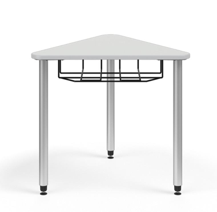 Ruckus E Triangle Fixed Height Post Leg Desk, Dove Grey Laminate Top and Silver Legs with Book Basket
