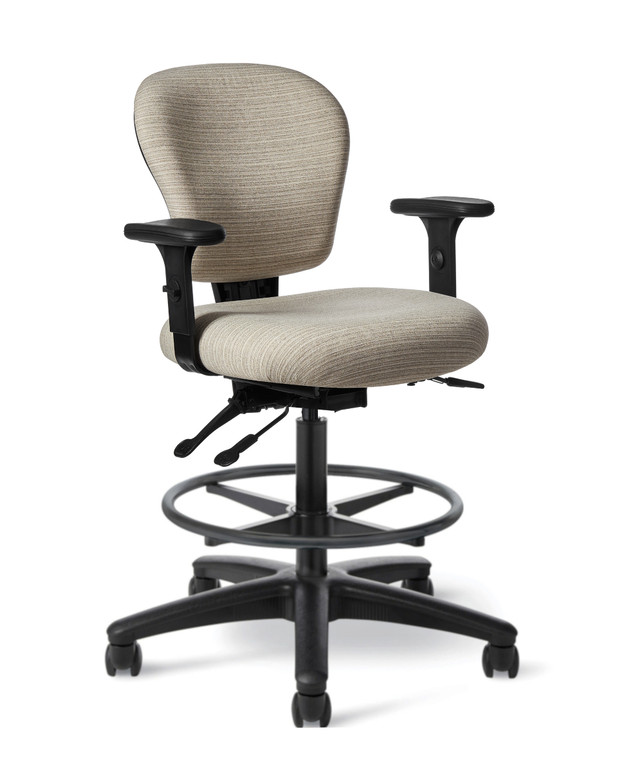 OM Seating Classic Vinyl Healthcare Stool, Optional Height/Width Adjustable Arms, New Black Turn-lock Footring, 3/4 Front View OM Seating Classic Vinyl Healthcare Stool, Optional Height/Width Adjustable Arms, New Black Turn-lock Footring, 3/4 Front View