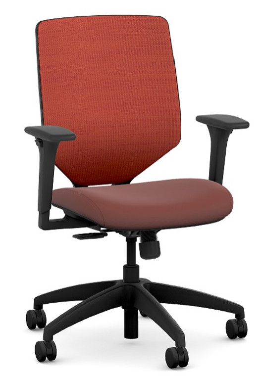 Solve Upholstered Back Task with Bittersweet Back Fabric, Contourett Flame Seat Upholstery, Black Frame, Base and Lumbar, Adjustable Arms