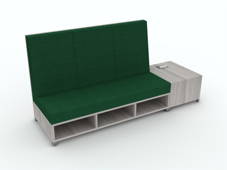 AIS LB Lounge High Back Three Seater with Open Base and Side Table, Palette Spinach Upholstery and Grey Elm Laminate on Non-Powered Calibrate Table