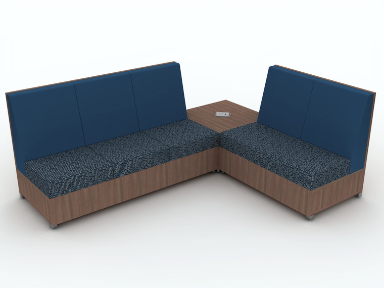 AIS LB Lounge Mid Back 3x2 L with Closed Base and Corner Table, Mirage Ocean and Stamper Atlantic Upholstery, Aimtoo Savatre Laminate on Powered Calibrate Table