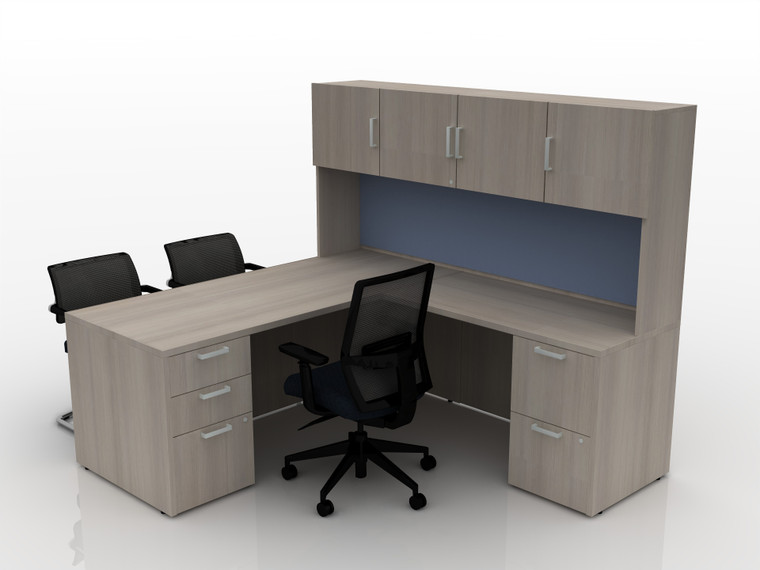 Calibrate L-Desk with Optional Hutch with Blue Smooth Tackboard, Looks Likatre Laminate, Right Handed Orientation