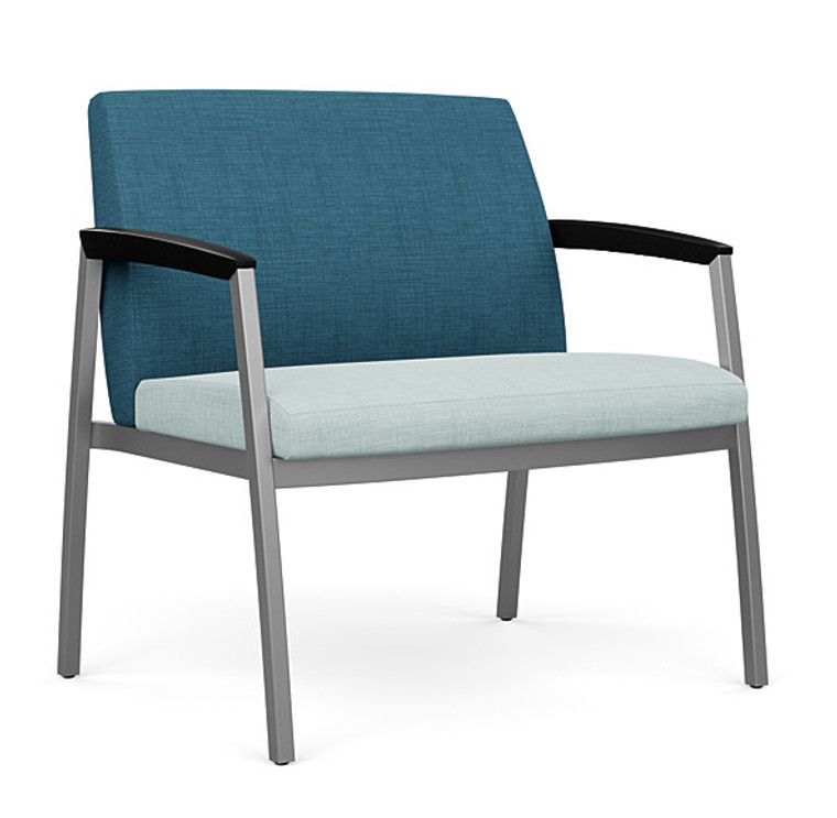SitOnIt Kindl 30" Wide Guest in Criss Cross Vinyl with Ocean Back and Rain Seat, Silver Metallic Frame and Black Armcaps, 3/4 Front View