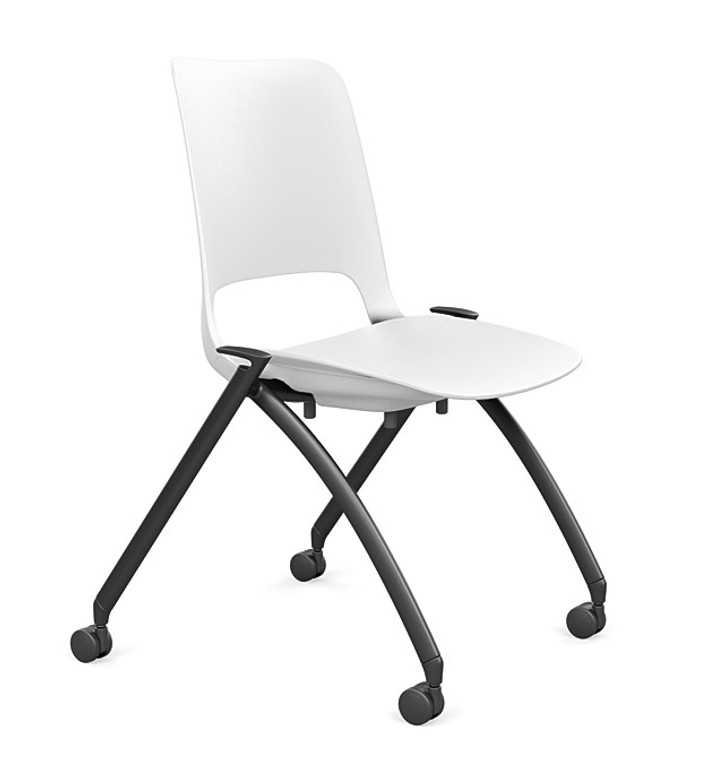 SitOnIt Flyte Stacking Nester, White Shell, Black Frame and Casters, 3/4 Front View