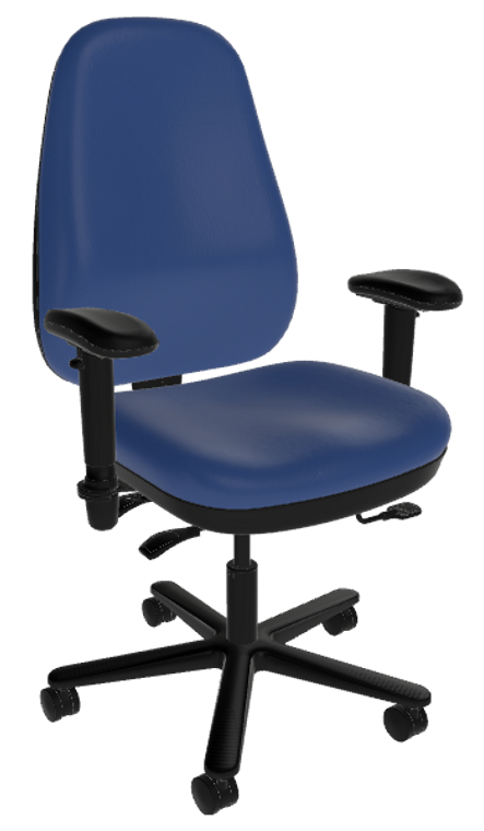 Sitmatic High Back Alpha™ ESD & Cleanroom, Blue X-Static Vinyl, Black Aluminum Base, Optional 1N Arms, 3/4 Front View Sitmatic High Back Alpha™ ESD & Cleanroom, Blue X-Static Vinyl, Black Aluminum Base, Optional 1N Arms, 3/4 Front View