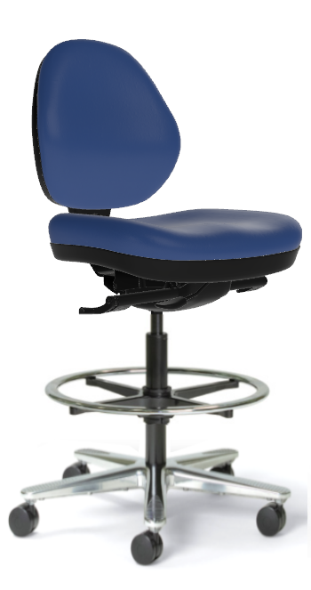 Sitmatic GoodFit ESD (Electrostatic Dissipative) Stool, Antistatic Blue Vinyl, Armless, Polished Aluminum Base with Footring, 3/4 Front View