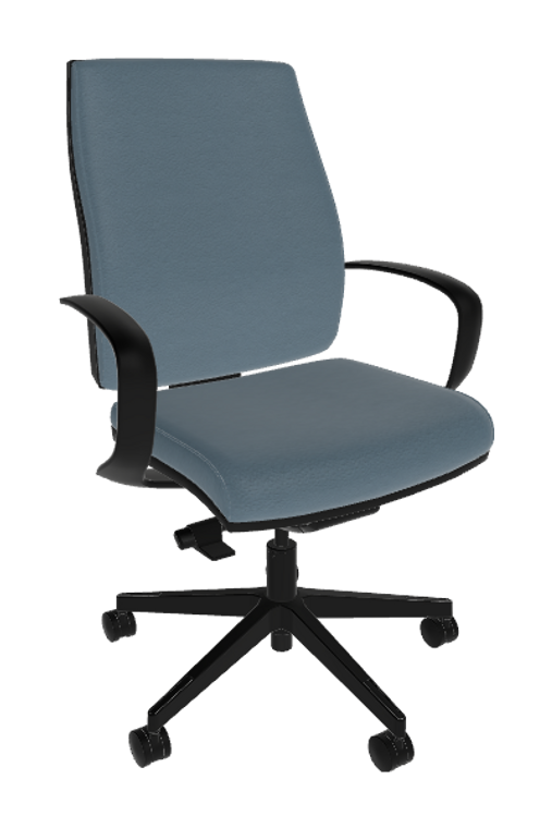Sitmatic AutoSit Mid Back Task Chair, Aerohyde Vinyl Cambridge Blue Upholstery, Black Nylon Base, Black Nylon Conference Arms, 3/4 Front View Sitmatic AutoSit Mid Back Task Chair, Aerohyde Vinyl Cambridge Blue Upholstery, Black Nylon Base, Black Nylon Conference Arms, 3/4 Front View