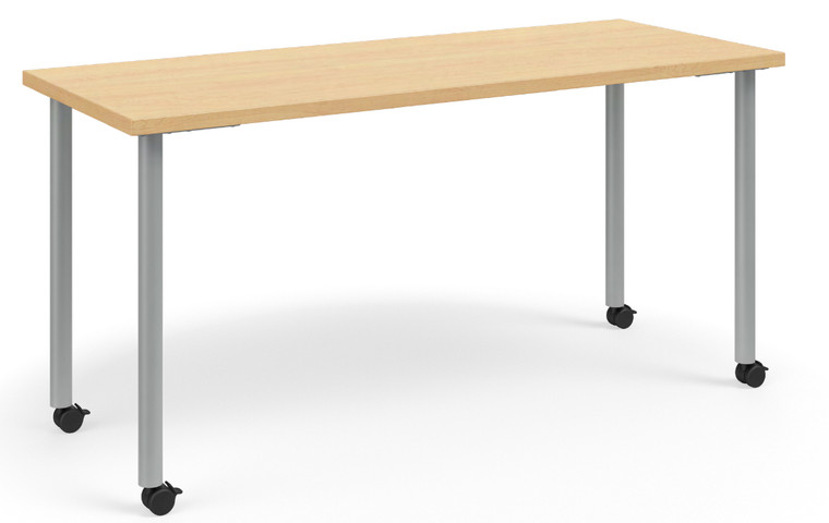 KI Ruckus Height Adjustable Activity Table Quickship, 72" x 30"D, Italian Silver Ash Top and Edge, Silver Legs with Casters, 3/4 Front View