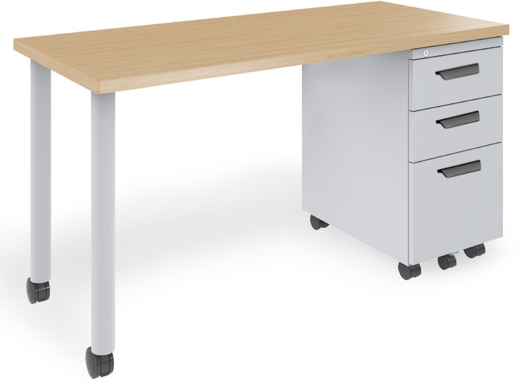 KI Instruct Teacher Pedestal Quickship, Silver Frame and Pedestal, Kensington Maple Laminate Top, Front View with Right Side Pedestal, Black Beveled Pulls