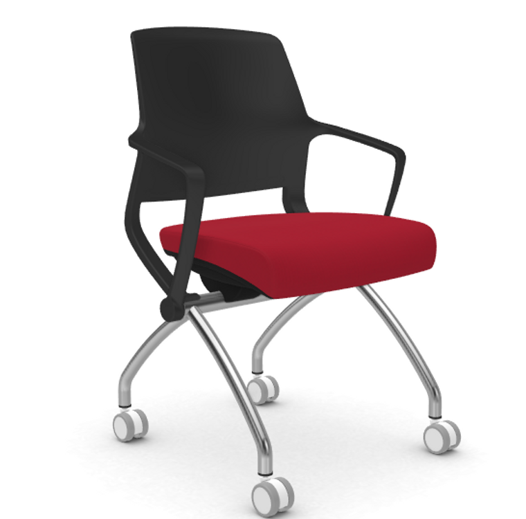 AMQ Tizu Plastic Back Training & Nesting Chair, Buzz Rouge Seat Upholstery, Black Frame with Chrome Base, 3/4 Front View AMQ Tizu Plastic Back Training & Nesting Chair, Buzz Rouge Seat Upholstery, Black Frame with Chrome Base, 3/4 Front View