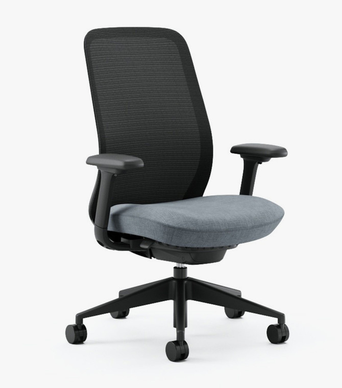 Kimball Eager Task Chair, Black Mesh, Frame, and Base, Height Adjustable 4D Arms, 3/4 Front View Kimball Eager Task Chair, Black Mesh, Frame, and Base, Height Adjustable 4D Arms, 3/4 Front View