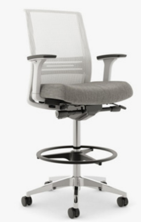 Kimball Joya High Performance Task Stool, White Mesh and Frame, Polished Base with Cinder Footring, Height Adjustable Arms, 3/4 Front View Kimball Joya High Performance Task Stool, White Mesh and Frame, Polished Base with Cinder Footring, Height Adjustable Arms, 3/4 Front View
