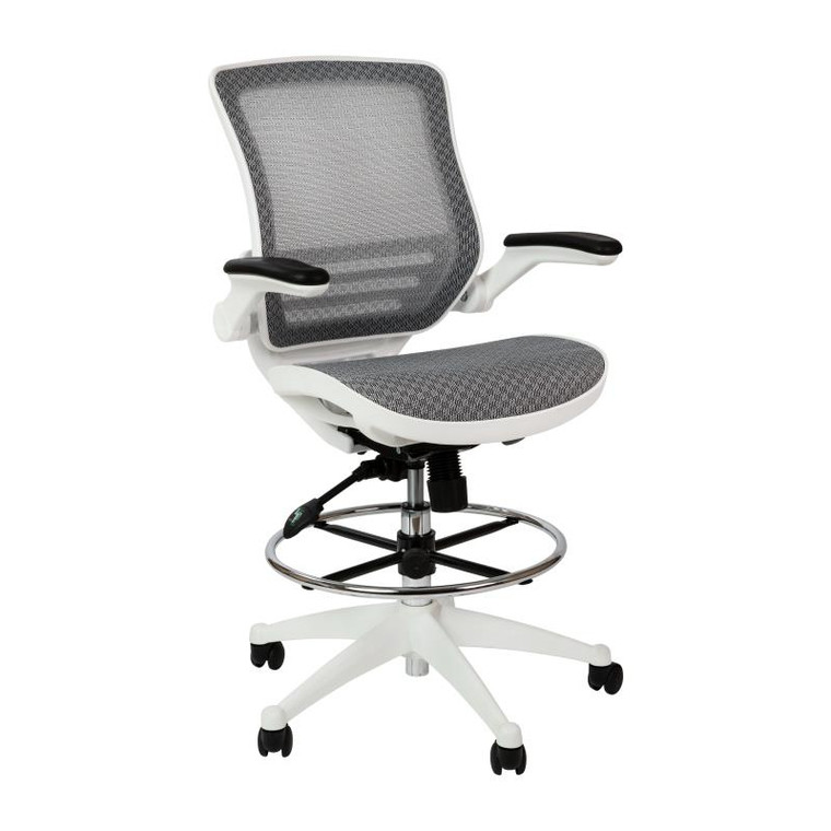 Office Chairs USA Mid Back Drafting Stool with White Frame, Grey Mesh, 3/4 Front View