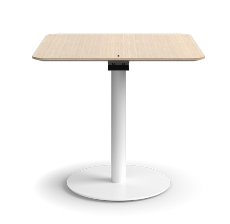 Humanscale Float Gather Sit Stand Table, 30" Square, White Oak Worksurface, White Base Finish, Front View