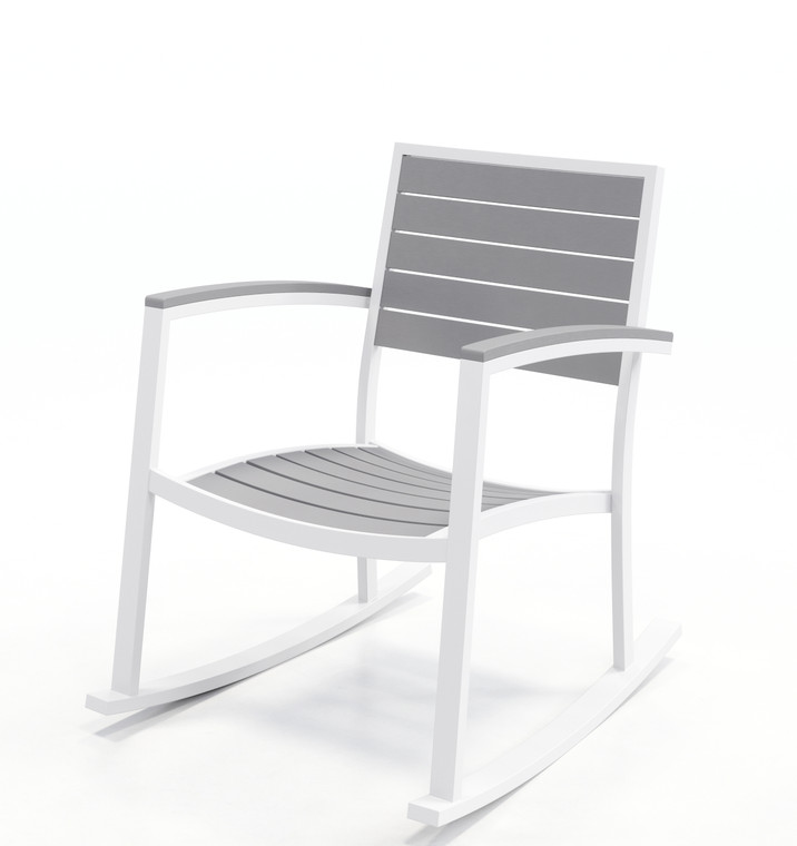Eveleen Aluminum Frame Rocker, Grey Polypropylene Seat and Back, White Frame, 3/4 Front View