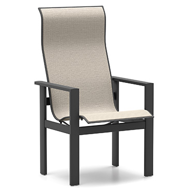 Homecrest Elements Outdoor High Back Dining Chair, Sandbar Sling Fabric, Umber Frame Finish, 3/4 Front View