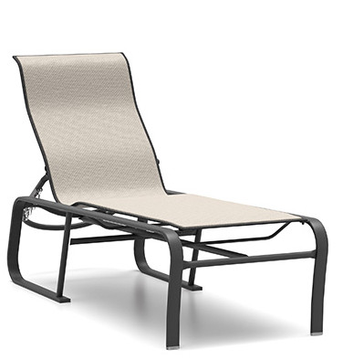Homecrest Kashton Outdoor Armless Adjustable Chaise, Sandbar Sling Fabric, Umber Frame Finish, 3/4 Front View