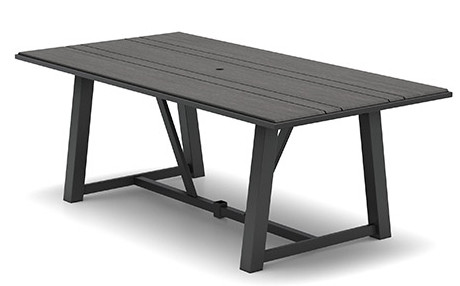 Homecrest Medley All-Weather Rectangular Dining Table, Coastal Grey HDPE Tabletop, Carbon Frame Finish, Optional Umbrella Hole, 3/4 Front View