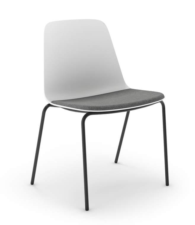 Element Bree Metal 4 Leg Stacker with Upholstered Seat Pad, White Poly Shell, Wander Dark Grey Upholstery, Black Leg Finish, 3/4 Front View