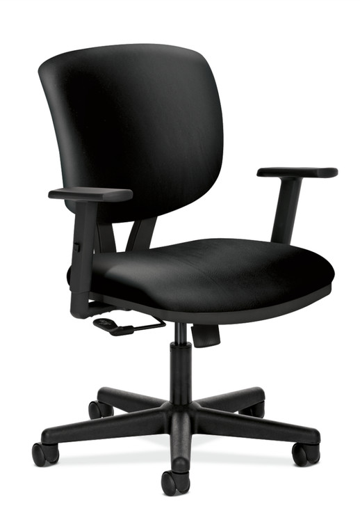 Volt Center-Tilt Upholstered Task Chair, Black Bonded Leather, Optional Height Adjustable Arms, 3/4 Front View