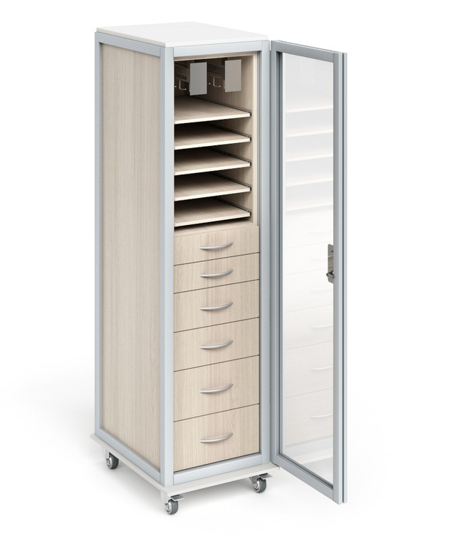 LifeFlo Multi Storage Mobile Medical Cart, Kingswood Walnut Laminate, 3/4 Front View