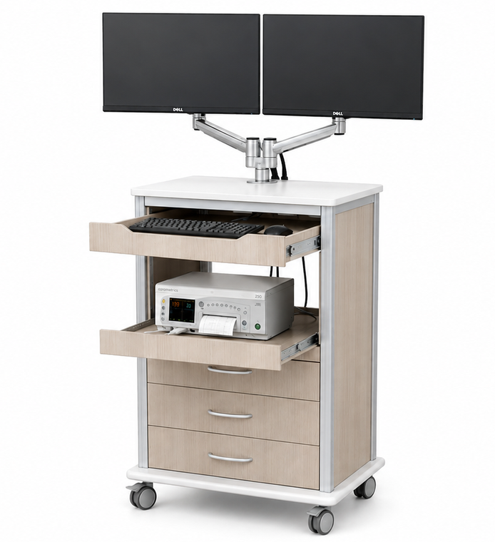 LifeFlo Fetal Monitor Medical Cart, Kingswood Walnut Laminate, 3/4 Front View (Includes 2 Monitor Arms and Keyboard Tray)