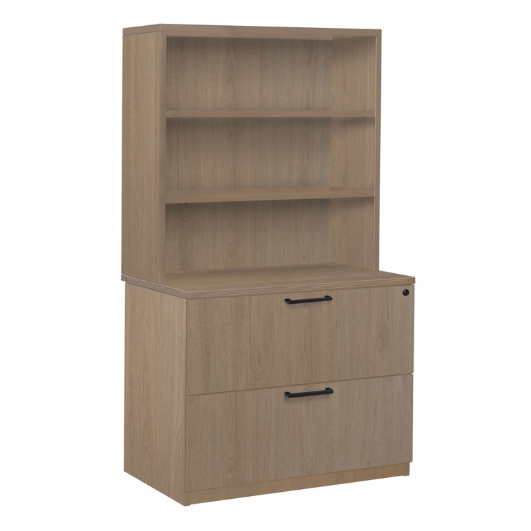 Regency Amber Laminate Lateral File Cabinet with Storage Hutch, Noble Oak, 3/4 Front View