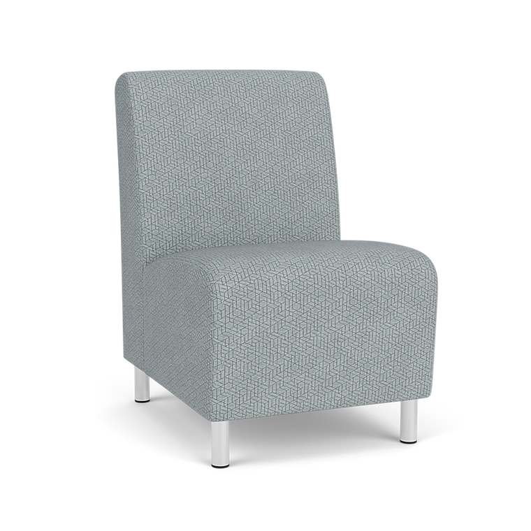 Lesro Ravenna Armless Guest Chair, Blueprint Fog Back and Seat Upholstery, Brushed Steel Leg Finish, 3/4 Front View