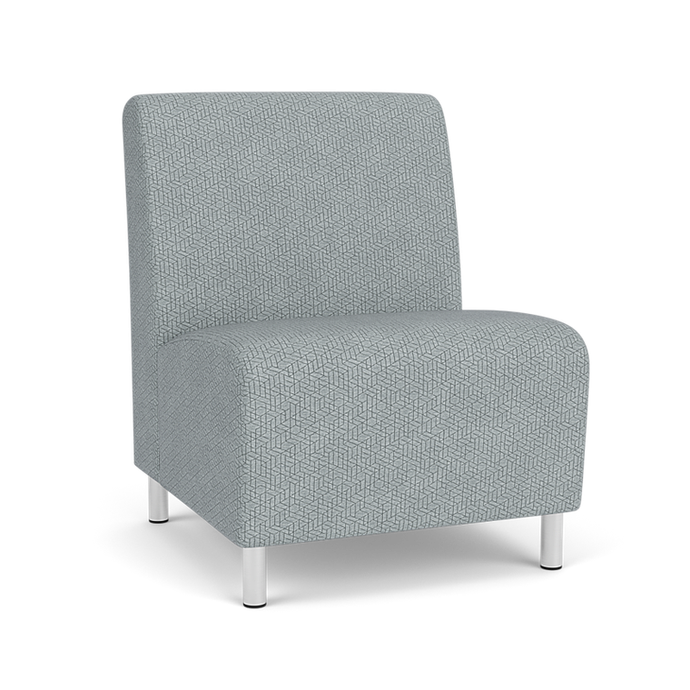 Lesro Ravenna Oversize Armless Guest Chair, Blueprint Fog Back and Seat Upholstery, Brushed Steel Leg Finish, 3/4 Front View