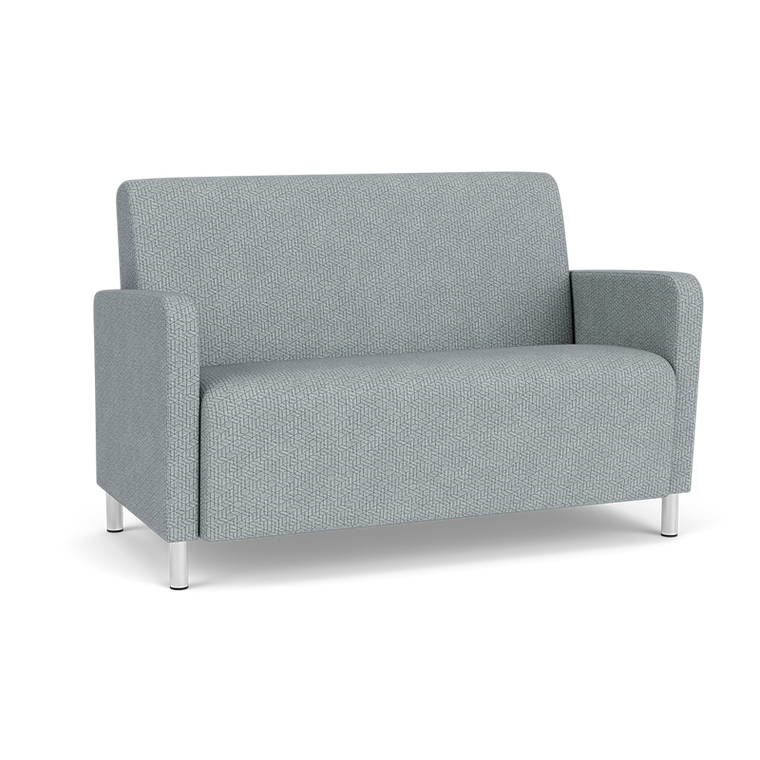 Lesro Ravenna Loveseat, Blueprint Fog Back and Seat Upholstery, Brushed Steel Leg Finish, 3/4 Front View