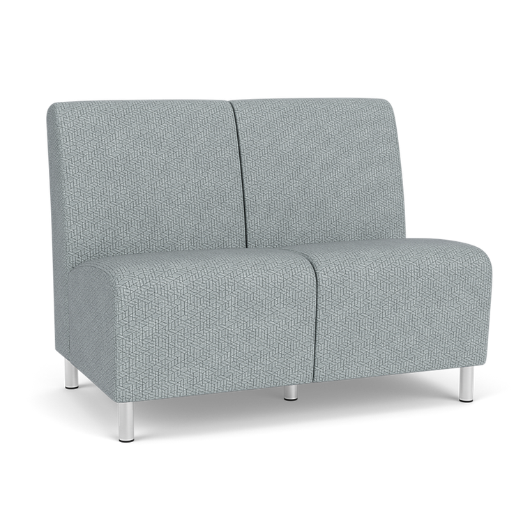 Lesro Ravenna Armless Two Seat Sofa, Blueprint Fog Back and Seat Upholstery, Brushed Steel Leg Finish, 3/4 Front View