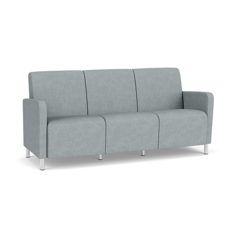 Lesro Ravenna Three Seat Sofa, Blueprint Fog Back and Seat Upholstery, Brushed Steel Leg Finish, 3/4 Front View