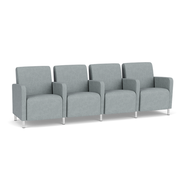 Lesro Ravenna Four Seat Sofa with Center Arms, Blueprint Fog Back and Seat Upholstery, Brushed Steel Leg Finish, 3/4 Front View