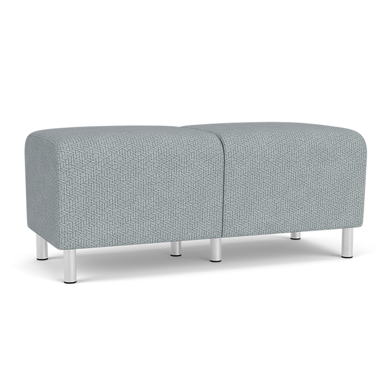 Lesro Ravenna Two Seat Bench, Blueprint Fog Upholstery, Brushed Silver Leg Finish, 3/4 Front View
