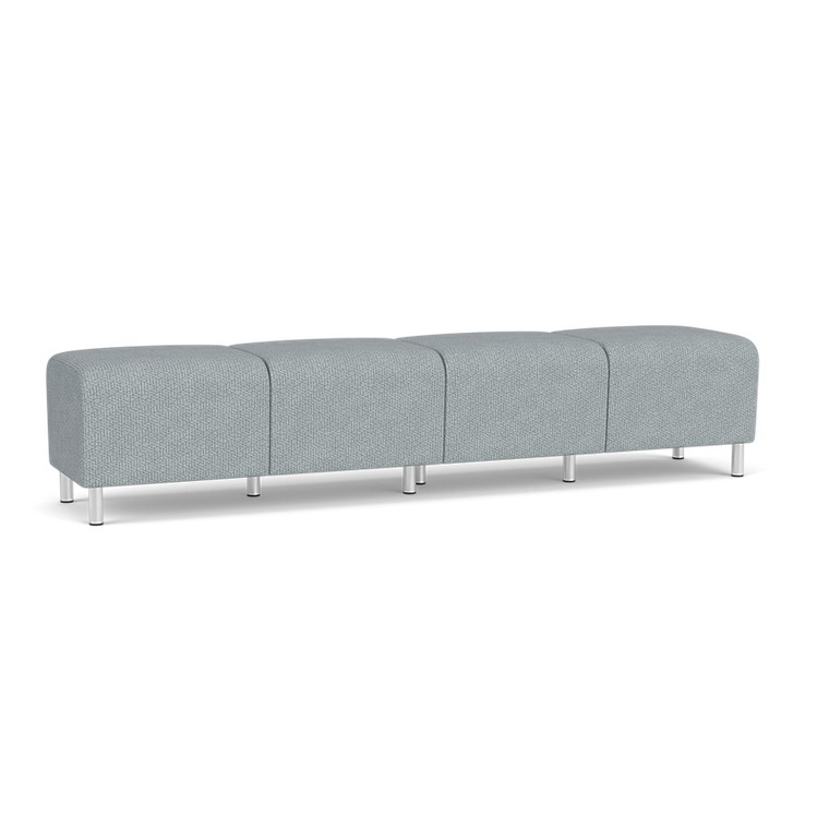 Lesro Ravenna Four Seat Bench, Blueprint Fog Upholstery, Brushed Silver Leg Finish, 3/4 Front View