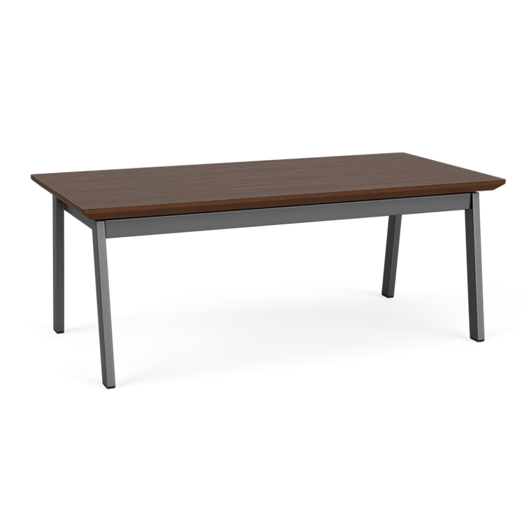 Lesro Opal End Table, Charcoal Steel Frame, Riftwood Walnut Laminate Top, 3/4 Front View