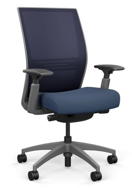  SitOnIt Amplify High Back Mesh Task, Navy Mesh, Highland Cottage seat, Fog frame and base with height adjustable arms 