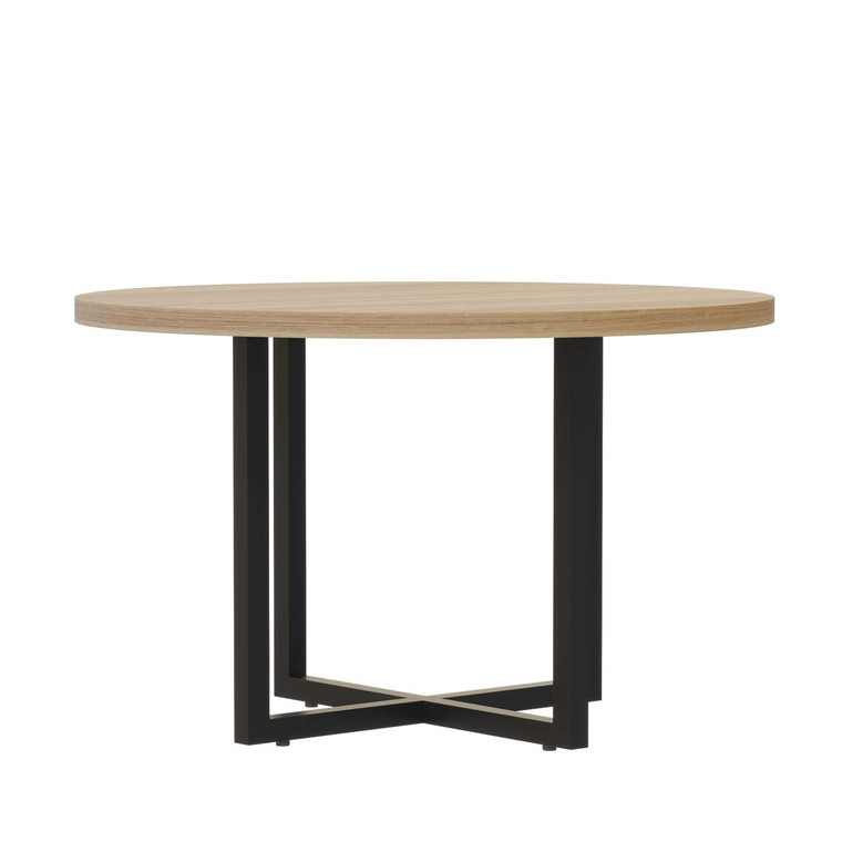 Mirella Round Laminate Conference Table with Sand Dune laminate, black hardware 