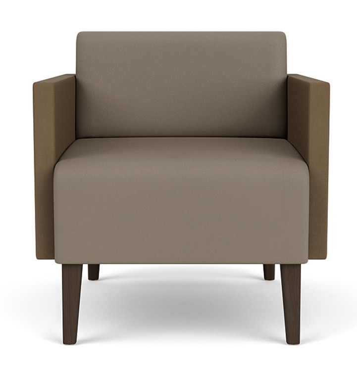 Luxe Heavy Duty Guest Chair with Modena Vinyl Farro Back and Seat Upholstery, Patriot Plus Taupe Arm Panel and Back Panel Upholstery, Mocha Legs