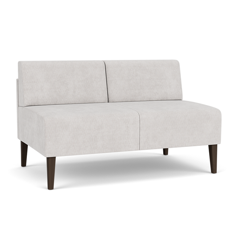 Lesro Luxe Heavy Duty Armless Loveseat, Milano Stitch Stone Upholstery, Wood Mocha Leg Finish, 3/4 Front View