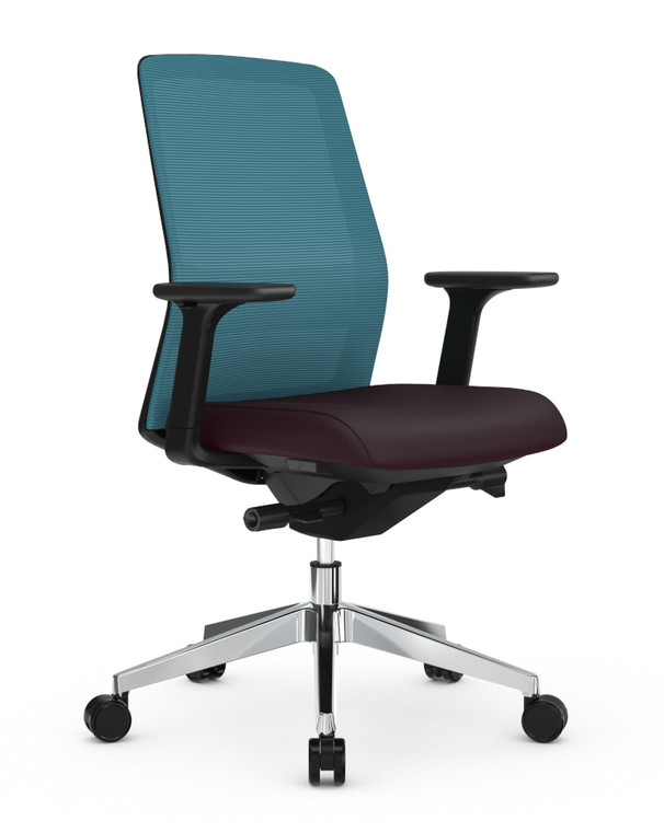 AMQ Jaku Black Frame Task Chair, Lagoon Mesh Back, Polished Base, Optional 3-Way Arms, 3/4 Front View AMQ Jaku Black Frame Task Chair, Lagoon Mesh Back, Polished Base, Optional 3-Way Arms, 3/4 Front View