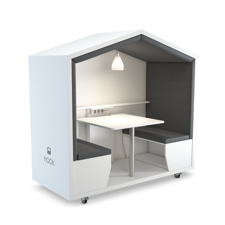 Nook Huddle Pod with standard white laminate exterior and rear panel, table pole Nook Huddle Pod with standard white laminate exterior and rear panel, table pole
