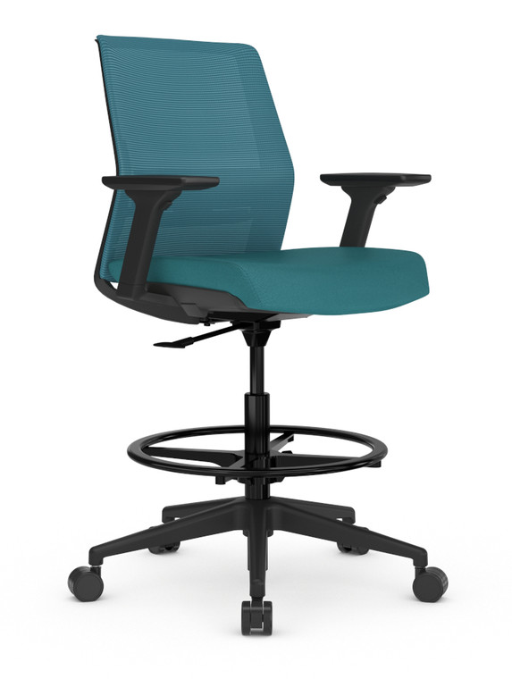 AMQ Zilo Black Frame Stool, Lagoon Mesh Back, Black Frame and Base with Footring, Optional 3-Way Arms, 3/4 Front View