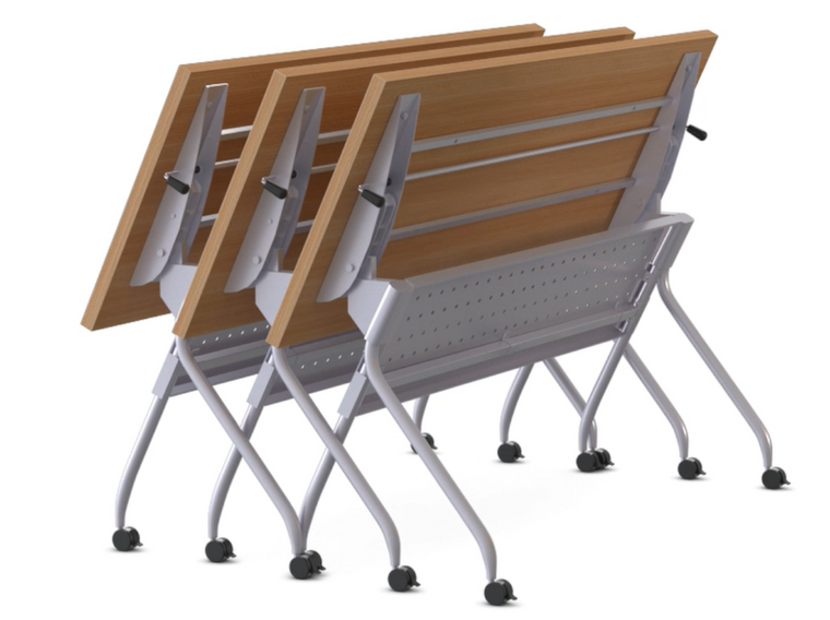 Special-T Transform-2, Flip Top Training Table, Kensington Maple Laminate and Silver Base, 3/4 Front Nested View *ask us if you like this finish