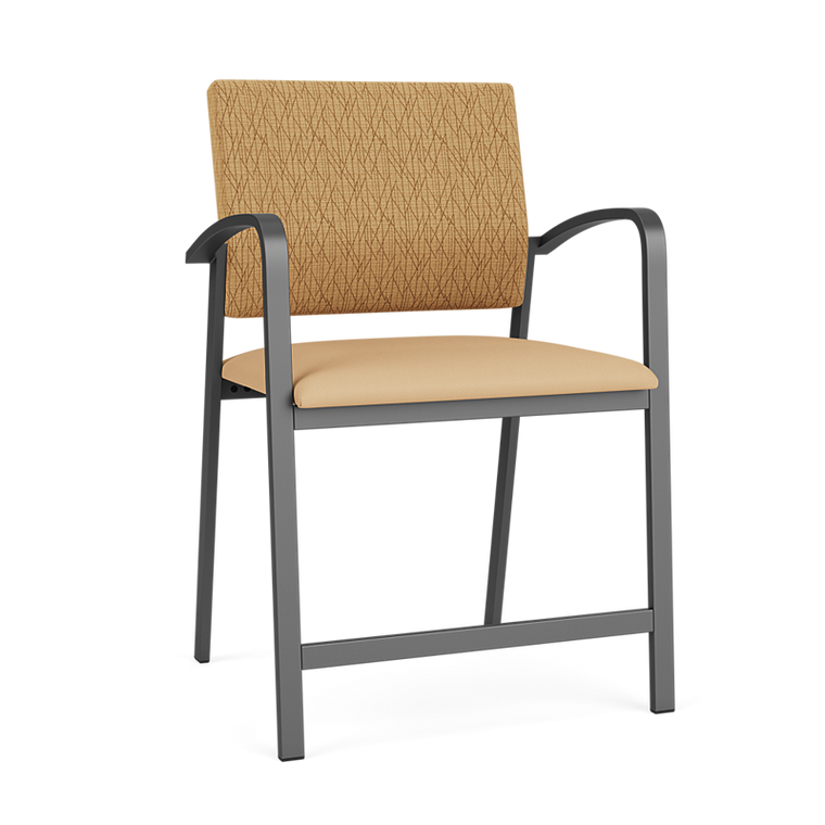 Lesro Newport Oversized Hip Chair, Adler Golden Seat Back Upholstery, Dillon Vinyl Buff Seat Upholstery, Charcoal Frame Finish, 3/4 Front View