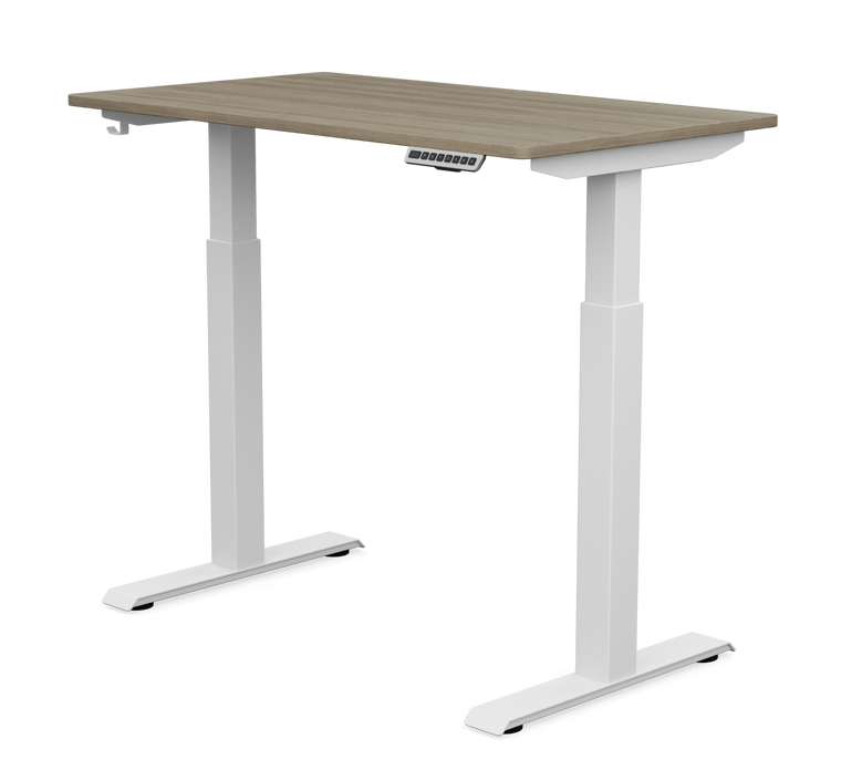 SitOnIt Switchback WFH Height Adjustable Desk, Grey Elm Laminate Top, White Base, 3/4 Front View